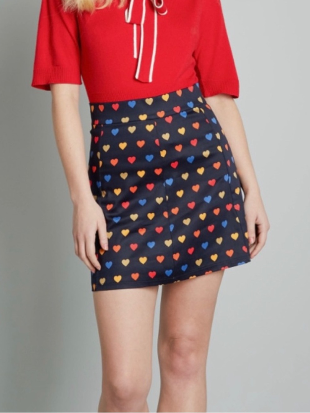 ModCloth Navy Mini Skirt with Red, Yellow & Blue Hearts